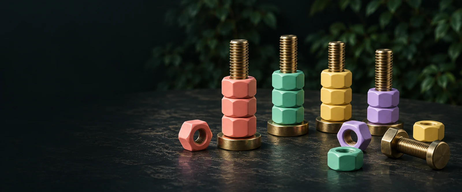Original brass bolts and colorful nuts on a dark green tabletop
